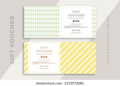 Modern discount coupon or certificate mockup with artistic geometric pattern. Trendy creative gift card templates. Clean and simple vector editable background with sample text. EPS10