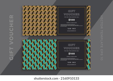 Modern discount coupon or certificate mockup with artistic geometric mosaic. Elegant gift card templates with geometric pattern on dark background. Simple vector editable background with sample text