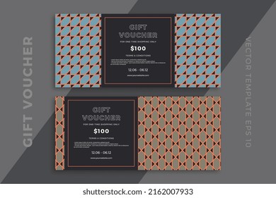 Modern discount coupon or certificate mockup with artistic geometric mosaic. Elegant gift card templates with geometric pattern on dark background. Simple vector editable background with sample text