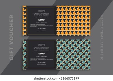 Modern discount coupon or certificate mockup with artistic geometric mosaic. Elegant gift card templates with geometric pattern on dark background. Simple vector editable background with sample text