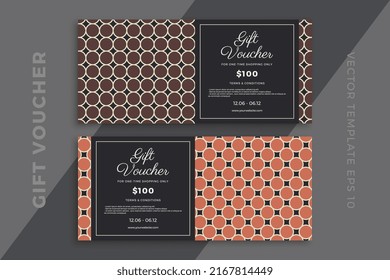 Modern discount coupon or certificate mockup with artistic geometric mosaic. Elegant gift card templates with geometric pattern on dark background. Simple vector editable background with sample text