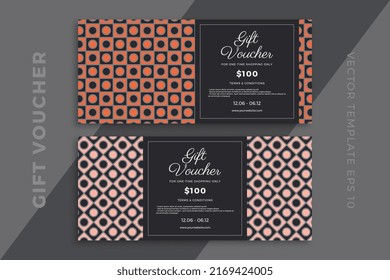 Modern discount coupon or certificate mockup with artistic geometric mosaic. Elegant gift card templates with geometric pattern on dark background. Simple vector editable background with sample text