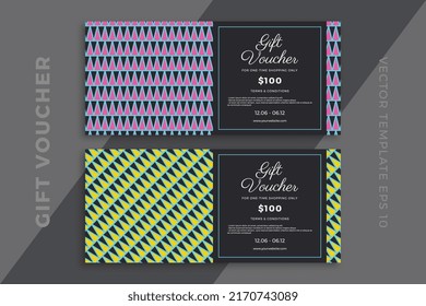 Modern discount coupon or certificate mockup with artistic geometric mosaic. Elegant gift card templates with geometric pattern on dark background. Simple vector editable background with sample text