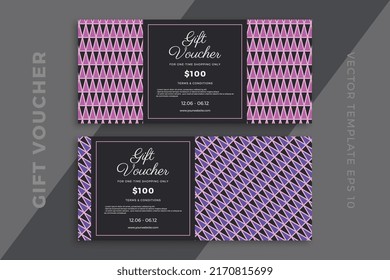 Modern discount coupon or certificate mockup with artistic geometric mosaic. Elegant gift card templates with geometric pattern on dark background. Simple vector editable background with sample text
