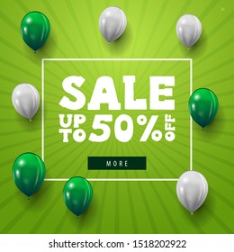 Modern discount minimalistic green web banner with white and green balloons