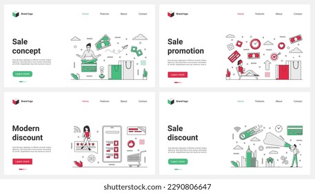 Modern discount promotion to increase store sales set vector illustration. Cartoon tiny people advertising in megaphone price cuts, customers buy with credit card in online shop app on phone screen