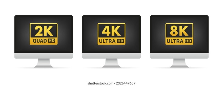 Modern display with high definition on the computer screen. Computer 2k 4k and 8k. Quad HD, Full HD and HD. Game Screen monitor display Label. Resolution Icon Logo. Vector illustration