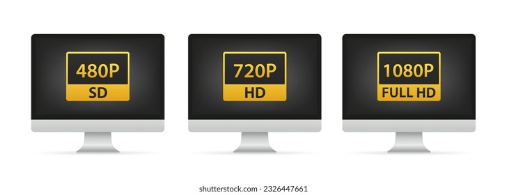 Modern display with high definition on the computer screen. Computer 2k 4k and 8k. Quad HD, Full HD and HD. Game Screen monitor display Label. Resolution Icon Logo. Vector illustration