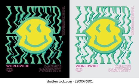 Modern distorted melting smiling face smiley emoji illustration print with typography limited edition slogan for graphic tee t shirt or sticker poster - Vector