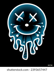 Modern distorted melting smiling face smiley emoji illustration print with slogan for graphic tee t shirt or sticker poster - Vector