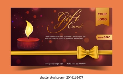 Modern Diwali Gift Card Design With Lit Candle In Brown And Golden Color.