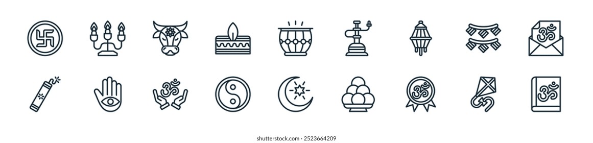 modern diwali icon pack. perfect for linear ui designs featuring vector book, kite, badge, laddu, religion, yin yang, om and more icons for mobile and web apps.