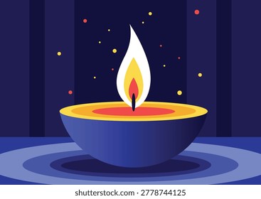 Modern Diwali illustration featuring a glowing traditional diya oil lamp with bright flame on a deep blue night background decorated with festive lights and sparkles. Minimal geometric vector design symbolizing warmth, hope, spirituality, and celebration during the Indian Festival of Lights.