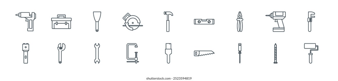 Icono de herramientas modernas de bricolaje. Perfecto para diseños de interfaz de usuario lineal con cepillo de rodillos de Vector, clavos, destornillador, sierra de mano, cepillo, abrazaderas, llave y más iconos para App móviles y de Web.