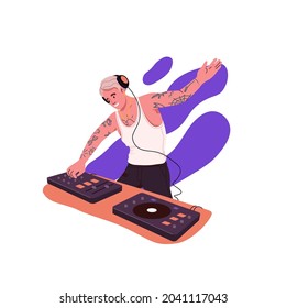 Modern DJ playing music records with electronic audio controller. Happy man in headphones at console mixer, mixing trendy tracks with turntable. Flat vector illustration isolated on white background