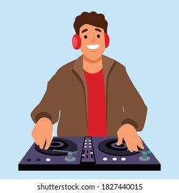 Modern Dj Vector. Playing Progressive Electro Music. Dj And Mixing Console. Night Club Concept. Flat Cartoon Illustration