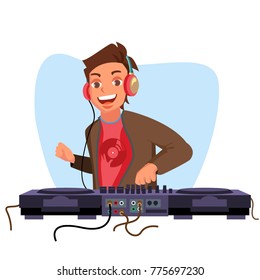 Modern Dj Vector. Playing Progressive Electro Music. Dj And Mixing Console. Night Club Concept. Flat Cartoon Illustration