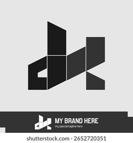 Moderno design logotipo monograma DK com formas geométricas arrojadas e tipografia abstrata, adequado para branding, identidade de negócios, ou aplicações relacionadas à tecnologia em formato vetorial.