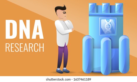 Modern dna research concept banner. Cartoon illustration of modern dna research vector concept banner for web design