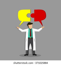 Modern Doctor Holding Hovering Puzzle Pieces For Successful Dialog Over His Head