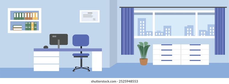 Modern doctor room illustration. Doctor office in hospital. Doctor office with city view. Interior design medical doctor office. Health care administration. Public health care. Office furniture. 