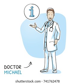 Modern Doctor In White Coat And Stethoscope Giving Advice And Information With Icon In Circle. Hand Drawn Cartoon Sketch Vector Illustration, Whiteboard Marker Style Coloring. 