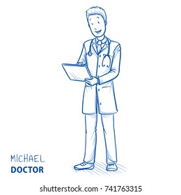 Modern doctor in white coat and stethoscope tapping on his tablet smiling and looking happy. Hand drawn blue outline line art cartoon vector illustration.