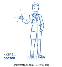 Modern doctor in white coat and stethoscope smiling and holding thumb up for liking, recommending or approving something. Hand drawn blue outline line art cartoon vector illustration.