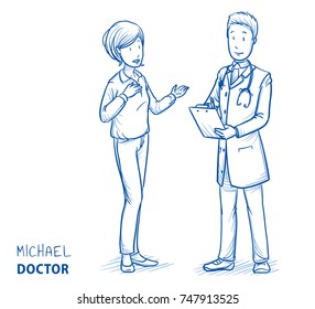 Médico moderno con abrigo blanco y estetoscopio con paciente parlante, mujer con ropa informal. Dibujo de dibujo en línea azul dibujado a mano ilustración vectorial.