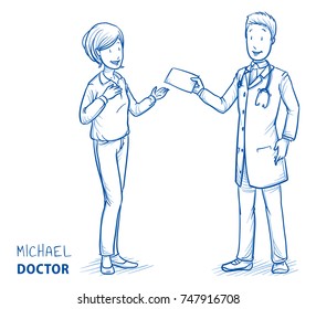 Modern Doctor In White Coat And Stethoscope Giving Receipt At Happy, Smiling Patient, Woman In Casual Clothes. Hand Drawn Blue Outline Line Art Cartoon Vector Illustration.