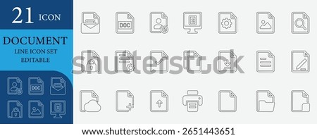 Modern document icon set with file, folder, form, checklist, contract, signature, attachment, editable vector icons for business, office, legal, cloud, upload, download.