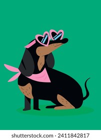 Modern dog with heart-shaped sunglasses and handkerchief. Green background. Vector illustration. Poster, drawing. Resource for brand identity, social networks, presentations.