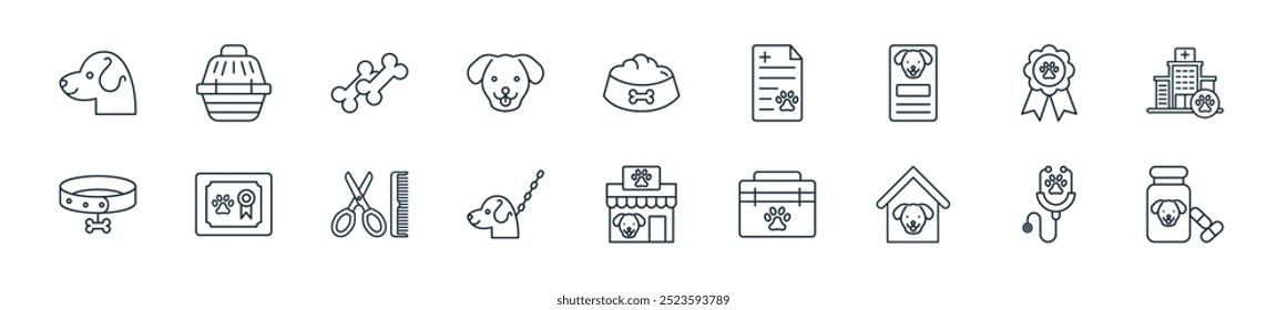 modern dog icon pack. perfect for linear ui designs featuring vector medicine, stethoscope, dog house, bag, pet shop, dog leash, cutting tool and more icons for mobile and web apps.