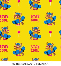 Modern doggy seamless pattern with skateboard and text. Colorful sport Yorkshire terrier dog background with candy and funky puppy, 90s clothes and vintage accessories. vector illustration for pets