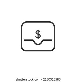Icono de vector de línea de la billetera en dólares moderno. Símbolo de finanzas. Billetera de tarjeta de crédito para entradas. Icono de banco. Icono de marketing económico. Icono de compras. Ilustración vectorial de material aislada en fondo blanco.