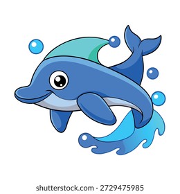 Delfín moderno en sombrero de santa saltando a través de agua estilizada Vector marino de Navidad alegre