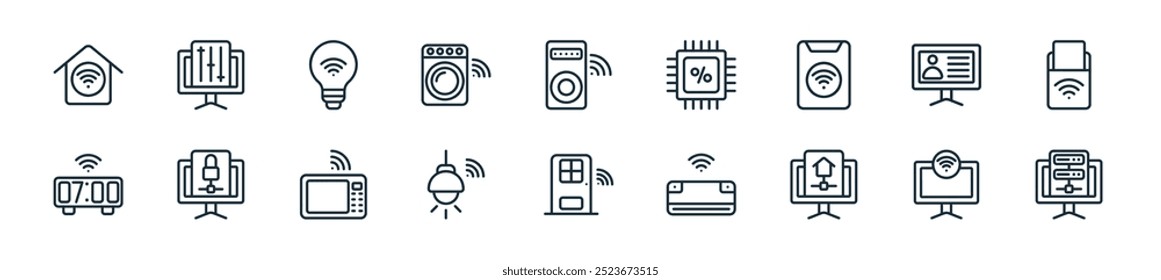 Icono de domótica moderna: perfecto para diseños de interfaz de usuario lineal con servidor de Vector, TV inteligente, domótica, aire acondicionado, puerta, lámpara de techo, microondas y más iconos para App móviles y de Web.