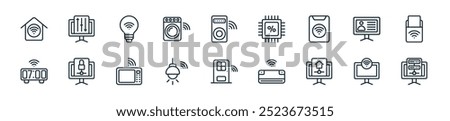 modern domotics icon pack. perfect for linear ui designs featuring vector server, smart tv, home automation, air conditioner, door, ceiling lamp, microwave and more icons for mobile and web apps.