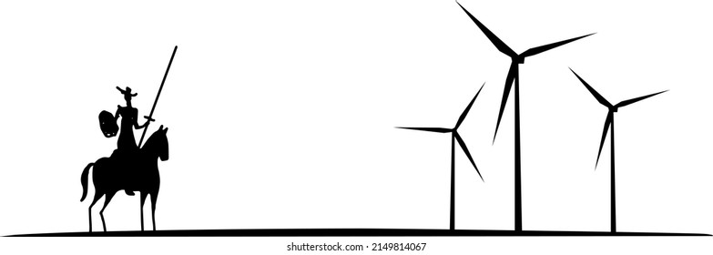 Modern Don Quixote Fight chasing imaginary evils windmills Wind turbine silhouette t-shirt print