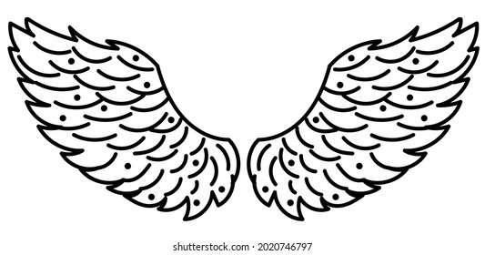 Modern doodle angel wings. Isolated vector template.