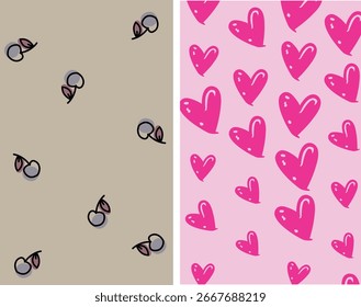 Doodle moderno y juego de patrones sin fisuras de pinceladas - Minimalista Ditsy Cherries y corazones de amor pictóricos
