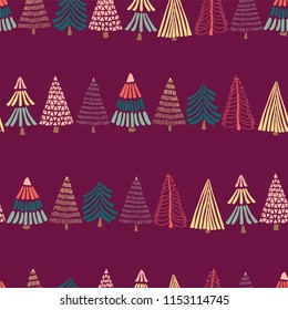 Modern doodle Christmas trees in a row on a dark pink purple background. Seamless vector pattern background. Perfect for holiday cards, wrapping paper, and fabric. Modern abstract Christmas design.