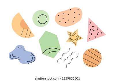 Modern doodle colorful elements in memphis style. Cartoon geometric shapes for design.