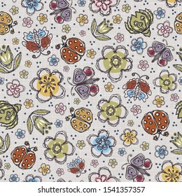 Modern Doodle Daisy and Ladybug Seamless Pattern. Hand Drawn Scribble Flower Repeat. Kawaii Dot Blossom Background. For Spring & Summer Textile, Packaging All Over Print. Linen Texture Vector EPS10