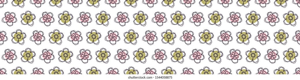 Modern Doodle Daisy Seamless Border Pattern. Hand Drawn Scribble Flower Repeat . Dot Blossom Background. Organic Vintage Summer Textile Edge, Packaging Banner Ribbon Trim. Cute Washi Tape Vector EPS10