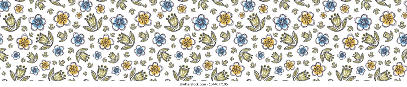 Modern Doodle Daisy Seamless Border Pattern. Hand Drawn Scribble Flower Repeat . Dot Blossom Background. Organic Vintage Summer Textile Edge, Packaging Banner Ribbon Trim. Cute Washi Tape Vector EPS10