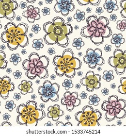 Modern Doodle Daisy Seamless 
Pattern. Hand Drawn Scribble Flower Repeat . Dot Blossom Background. Organic VintageLine Art. For Summer Textile, Packaging All over print. Cute Wallpaper Vector EPS10