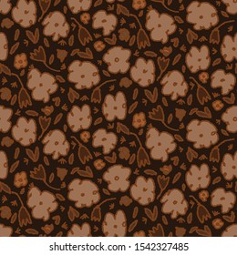 Modern Doodle Daisy Seamless Pattern. Hand Drawn Scribble Flower Repeat. Ditsy Blossom Background. Dark Brown Vintage Art. Moody Winter Textile, Packaging All over print. Cute Wallpaper Vector EPS10