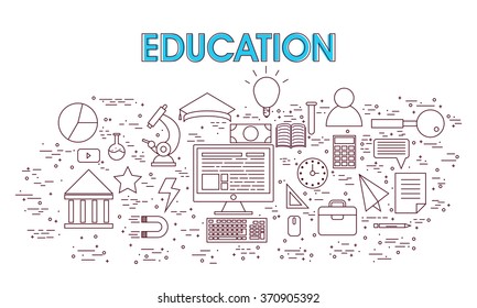 Diseño de doodle moderno estilo de Educación, Aprendizaje a Distancia, Formación y Elementos Educativos.Ilustración creativa de línea de arte para Banner Web, Tutoriales en línea, Materiales impresos o promocionales.