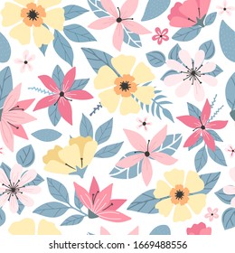Modern doodle floral seamless pattern. Spring simple flowers with leaves. Colorful flowers pattern on white. flat simple retro vintage colorful vector. Seamless pattern vector eps10